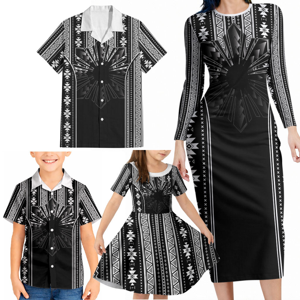 Mabuhay Philippines Festival Family Matching Long Sleeve Bodycon Dress and Hawaiian Shirt Filipino Map Black White Igorot Pattern