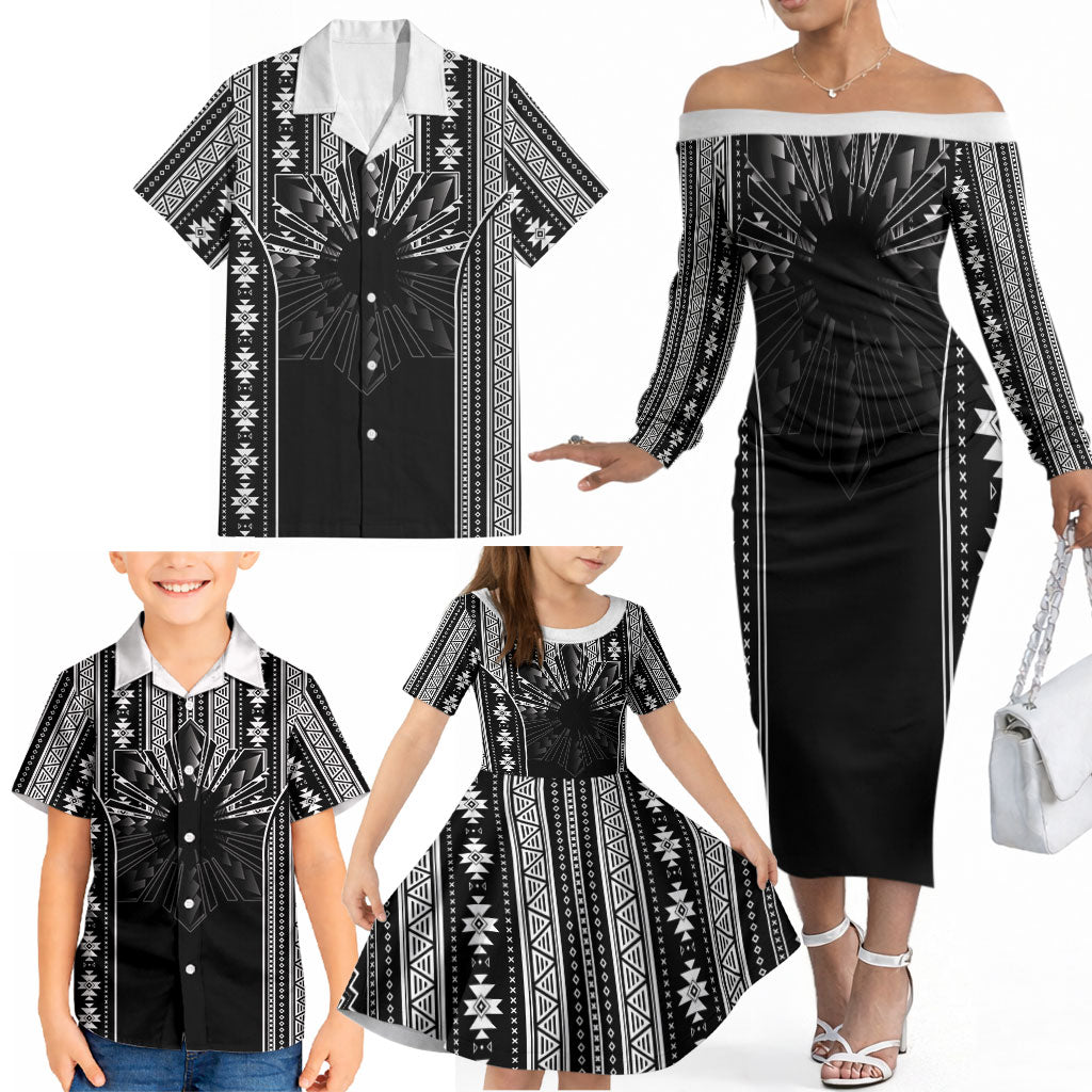 Mabuhay Philippines Festival Family Matching Off The Shoulder Long Sleeve Dress and Hawaiian Shirt Filipino Map Black White Igorot Pattern LT14 - Polynesian Pride