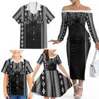 Mabuhay Philippines Festival Family Matching Off The Shoulder Long Sleeve Dress and Hawaiian Shirt Filipino Map Black White Igorot Pattern