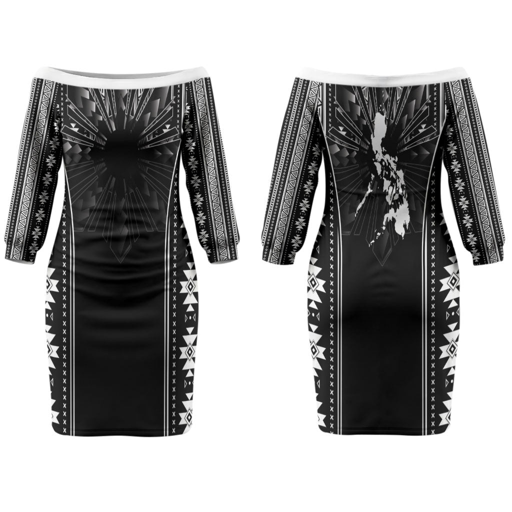 Mabuhay Philippines Festival Family Matching Off The Shoulder Long Sleeve Dress and Hawaiian Shirt Filipino Map Black White Igorot Pattern