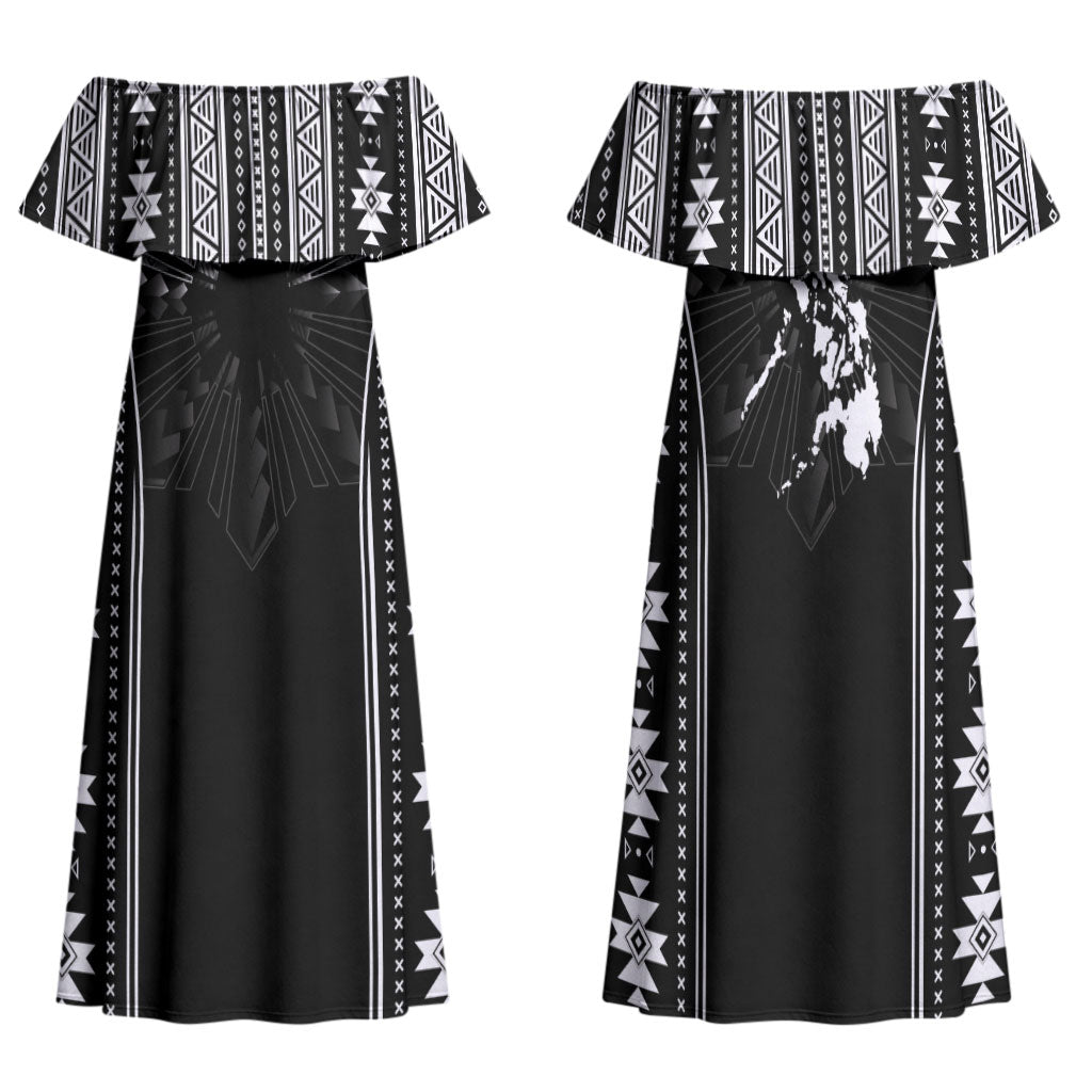 Mabuhay Philippines Festival Family Matching Off Shoulder Maxi Dress and Hawaiian Shirt Filipino Map Black White Igorot Pattern