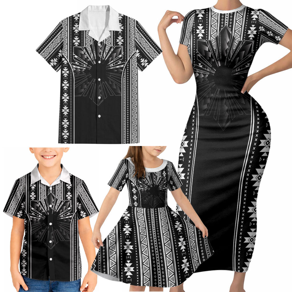 Mabuhay Philippines Festival Family Matching Short Sleeve Bodycon Dress and Hawaiian Shirt Filipino Map Black White Igorot Pattern