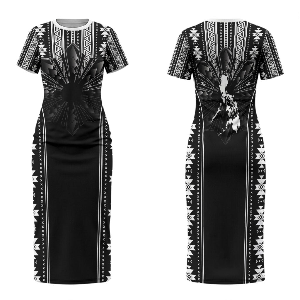 Mabuhay Philippines Festival Family Matching Short Sleeve Bodycon Dress and Hawaiian Shirt Filipino Map Black White Igorot Pattern