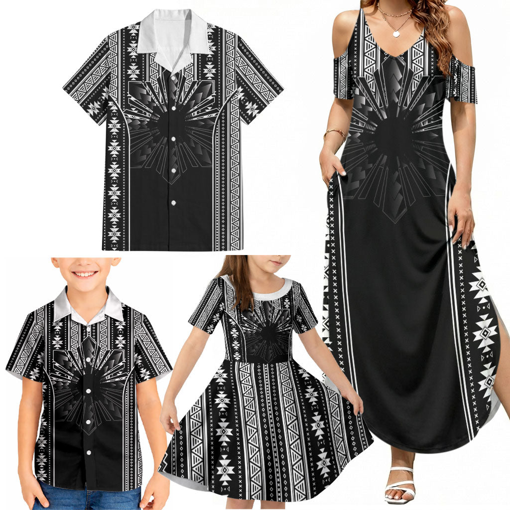 Mabuhay Philippines Festival Family Matching Summer Maxi Dress and Hawaiian Shirt Filipino Map Black White Igorot Pattern