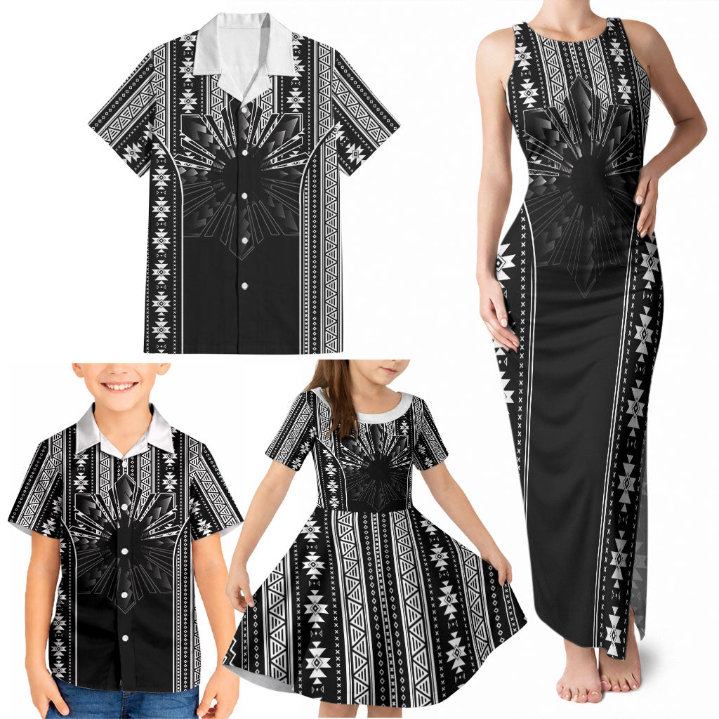 Mabuhay Philippines Festival Family Matching Tank Maxi Dress and Hawaiian Shirt Filipino Map Black White Igorot Pattern