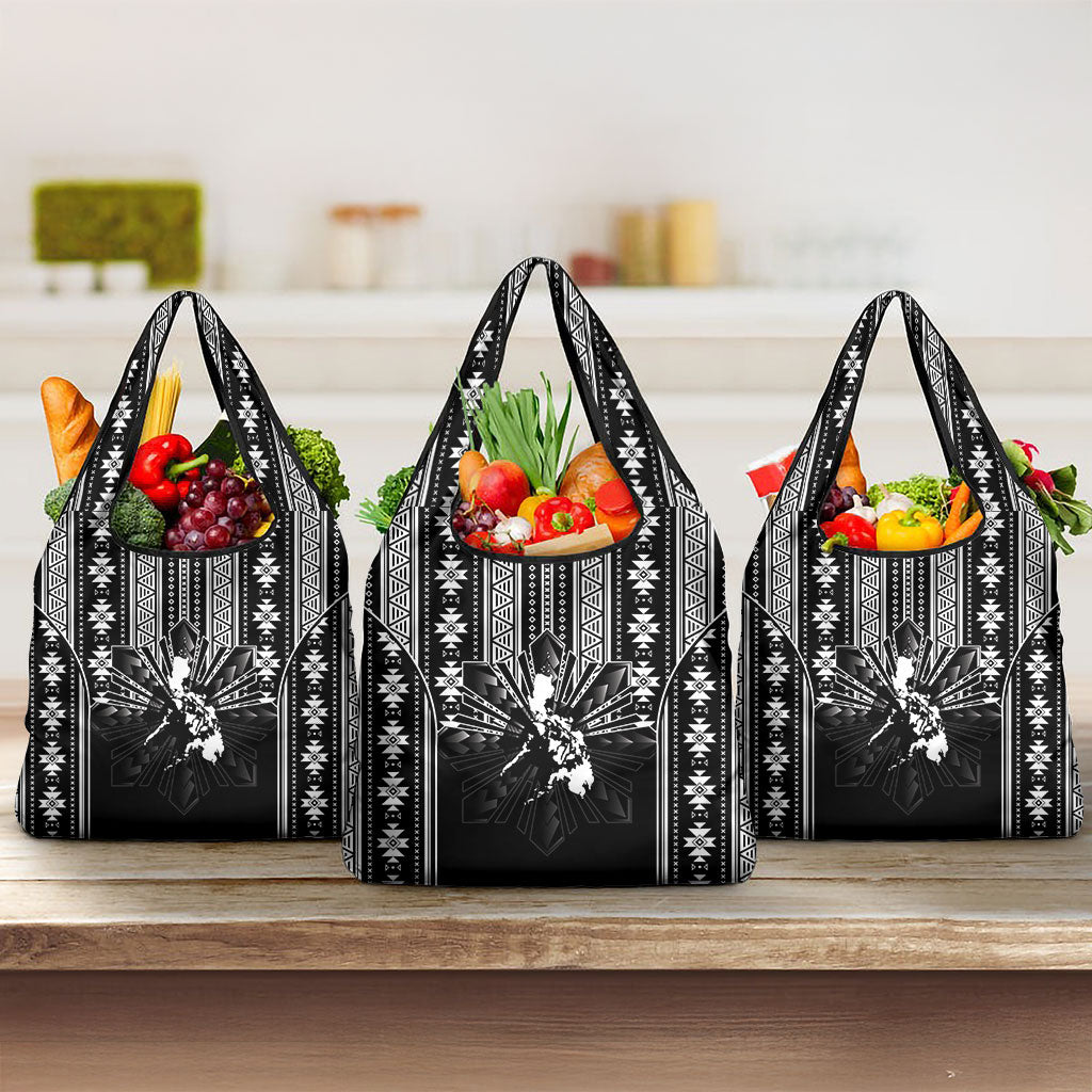 Mabuhay Philippines Festival Grocery Bag Filipino Map Black White Igorot Pattern