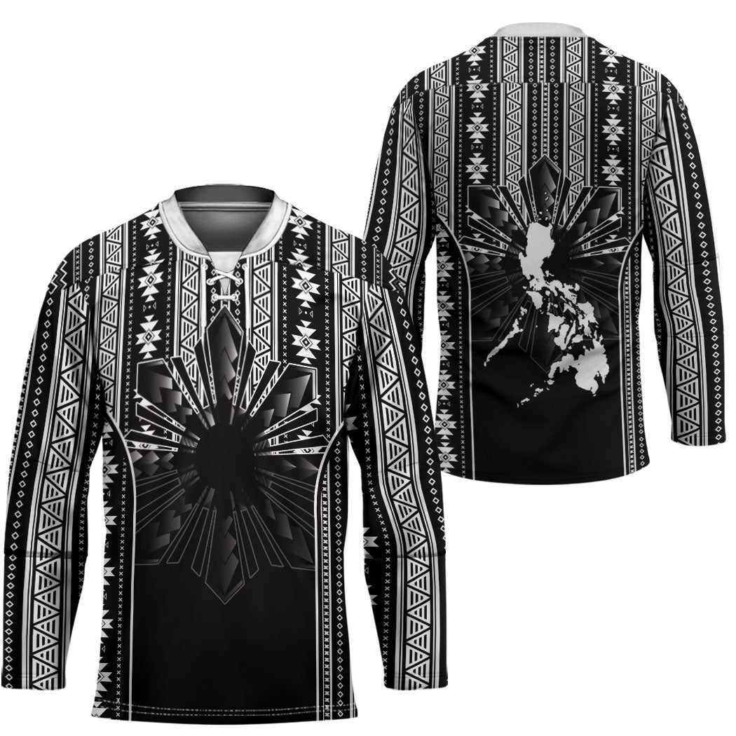 Mabuhay Philippines Festival Hockey Jersey Filipino Map Black White Igorot Pattern