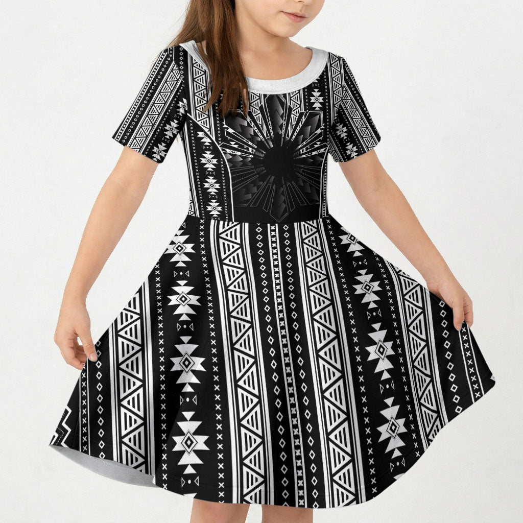 Mabuhay Philippines Festival Kid Short Sleeve Dress Filipino Map Black White Igorot Pattern
