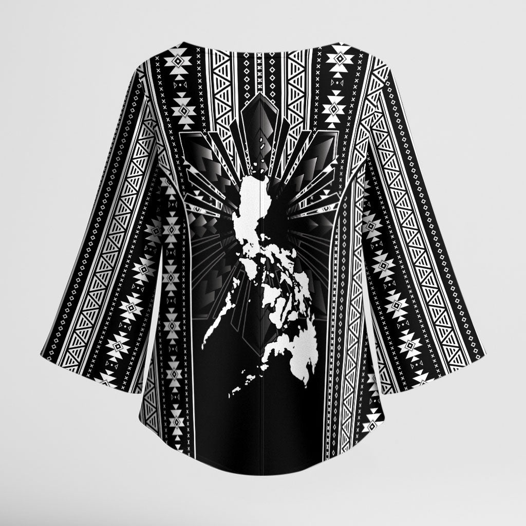 Mabuhay Philippines Festival Kimono Sleeve Blouse Filipino Map Black White Igorot Pattern