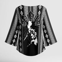 Mabuhay Philippines Festival Kimono Sleeve Blouse Filipino Map Black White Igorot Pattern