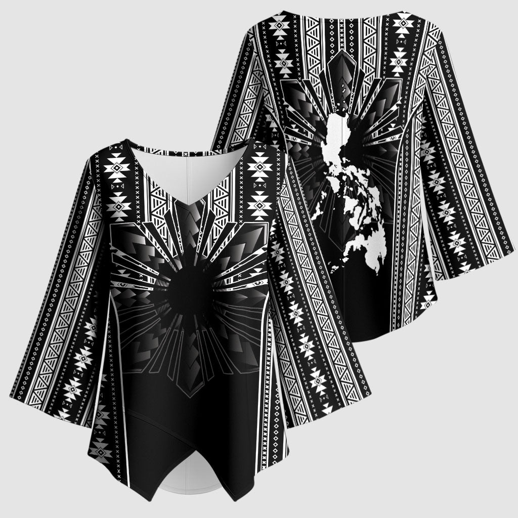 Mabuhay Philippines Festival Kimono Sleeve Blouse Filipino Map Black White Igorot Pattern