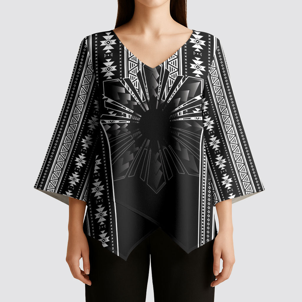 Mabuhay Philippines Festival Kimono Sleeve Blouse Filipino Map Black White Igorot Pattern