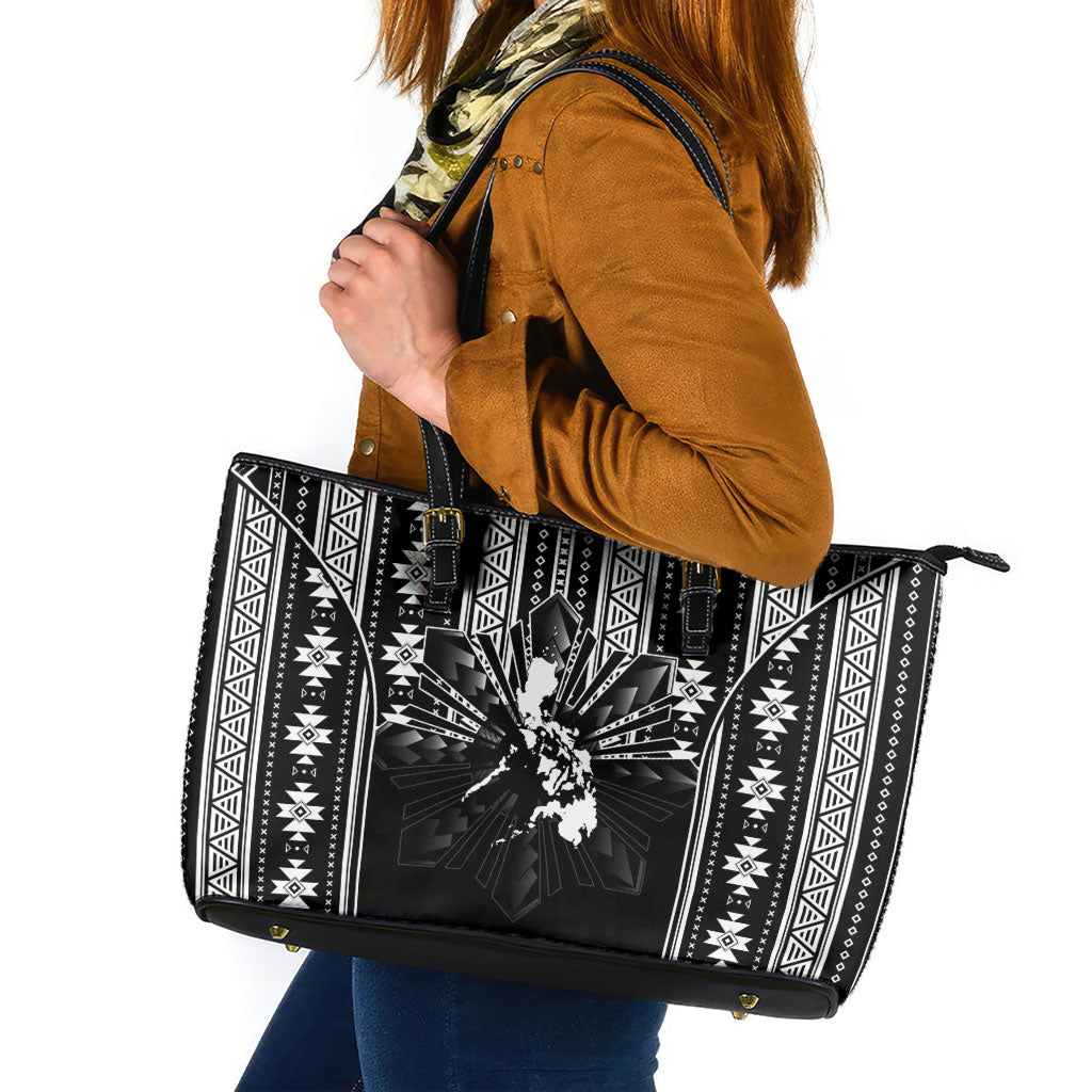 Mabuhay Philippines Festival Leather Tote Bag Filipino Map Black White Igorot Pattern