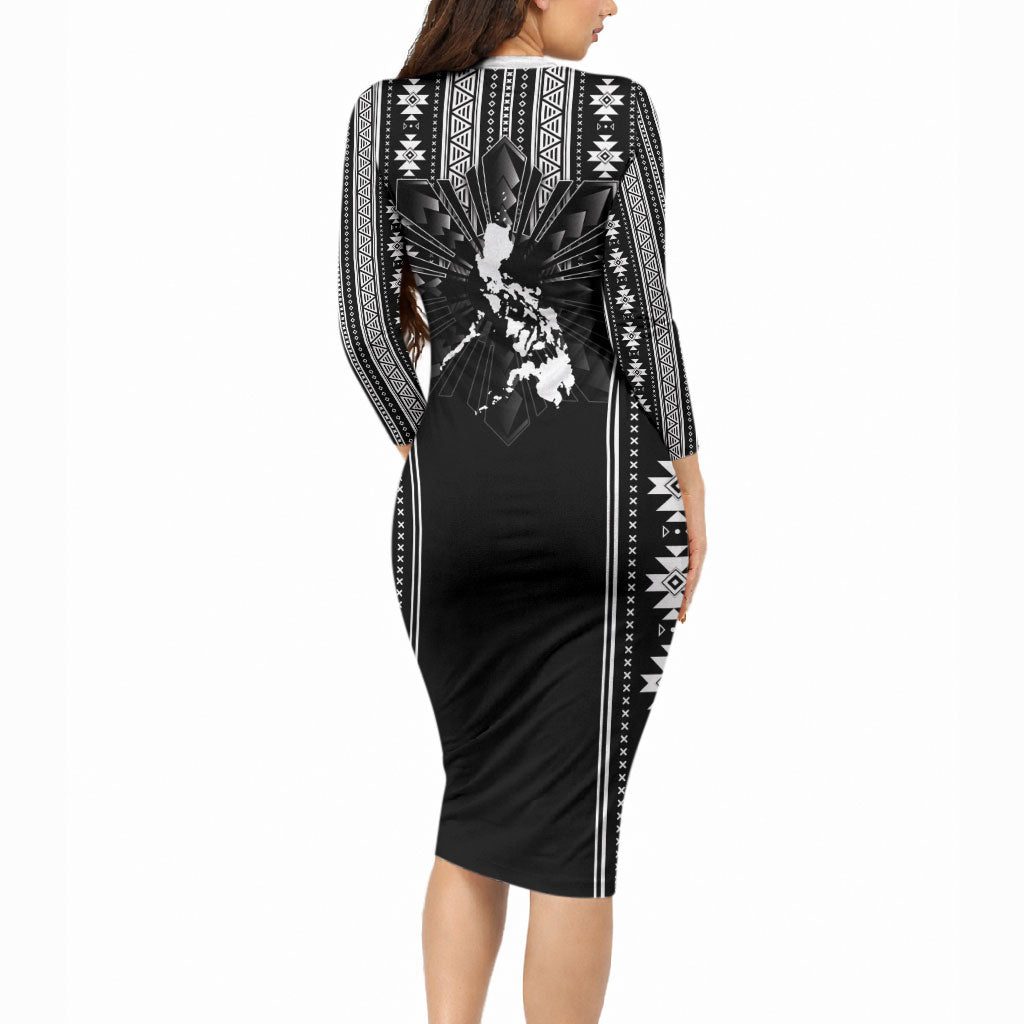 Mabuhay Philippines Festival Long Sleeve Bodycon Dress Filipino Map Black White Igorot Pattern