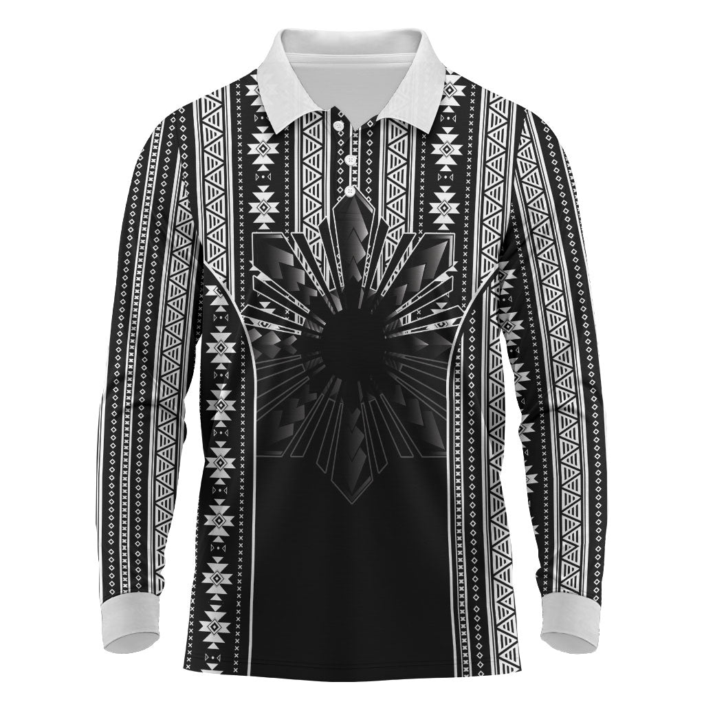 Mabuhay Philippines Festival Long Sleeve Polo Shirt Filipino Map Black White Igorot Pattern