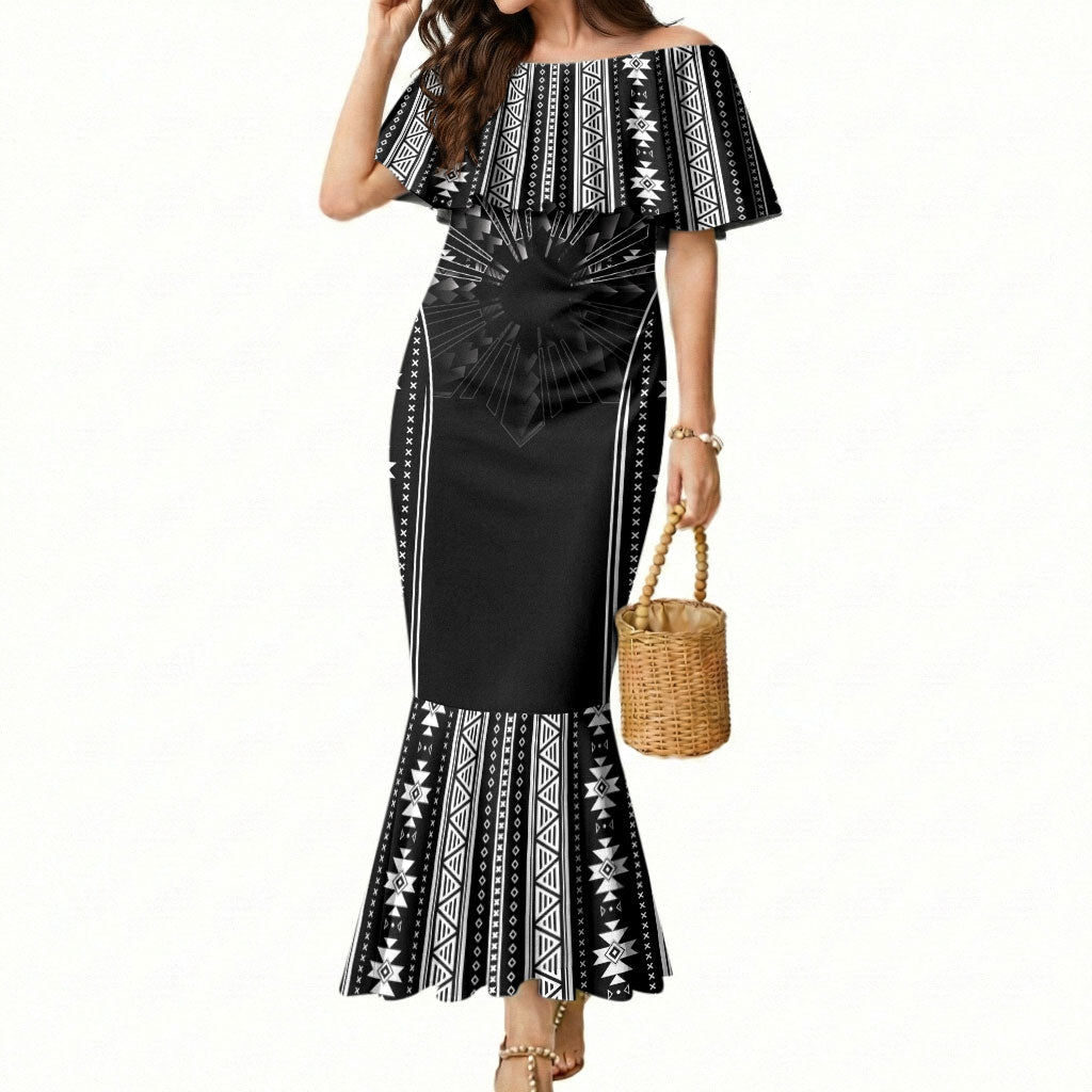 Mabuhay Philippines Festival Mermaid Dress Filipino Map Black White Igorot Pattern