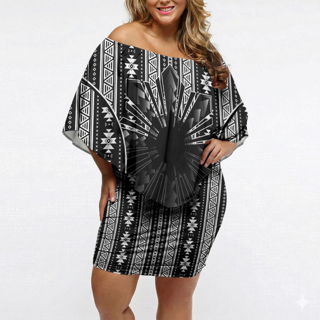 Mabuhay Philippines Festival Off Shoulder Short Dress Filipino Map Black White Igorot Pattern