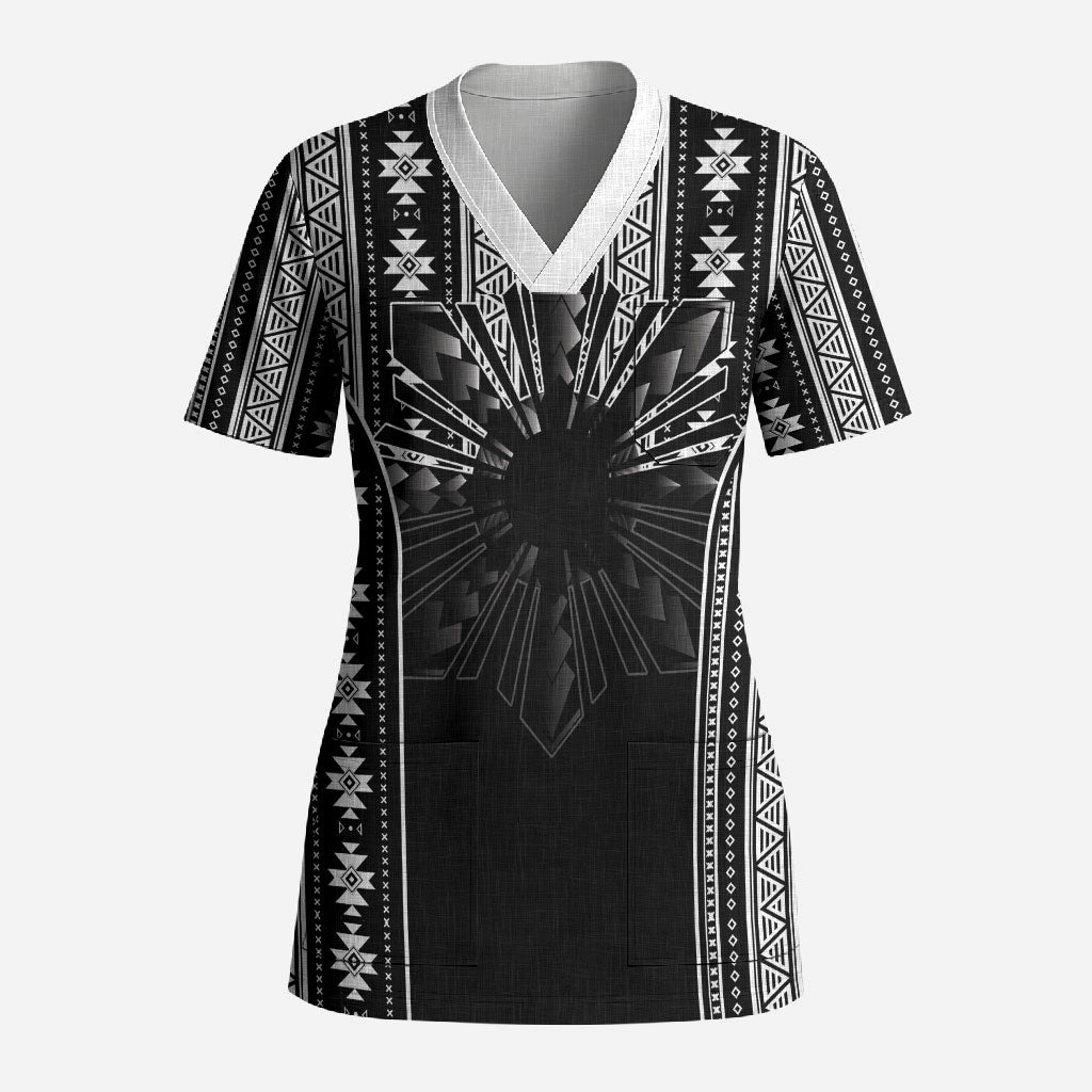 Mabuhay Philippines Festival Scrub Top Filipino Map Black White Igorot Pattern