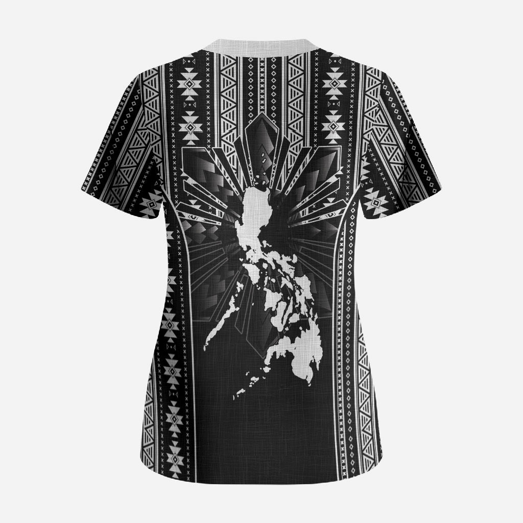 Mabuhay Philippines Festival Scrub Top Filipino Map Black White Igorot Pattern