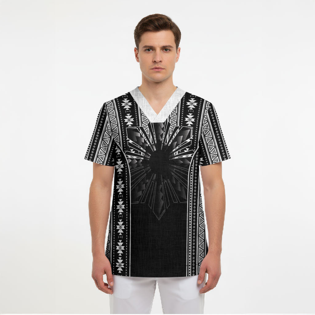 Mabuhay Philippines Festival Scrub Top Filipino Map Black White Igorot Pattern