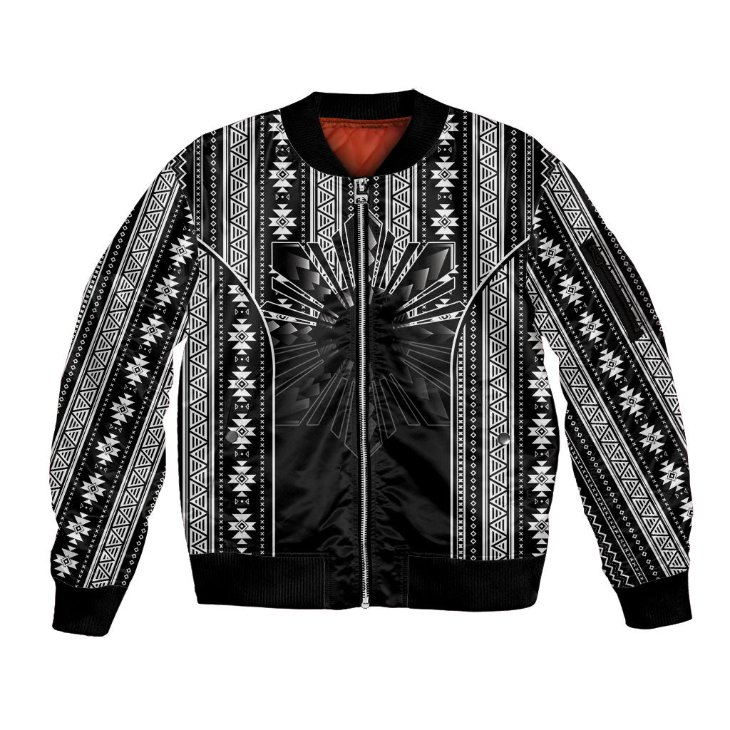 Mabuhay Philippines Festival Sleeve Zip Bomber Jacket Filipino Map Black White Igorot Pattern