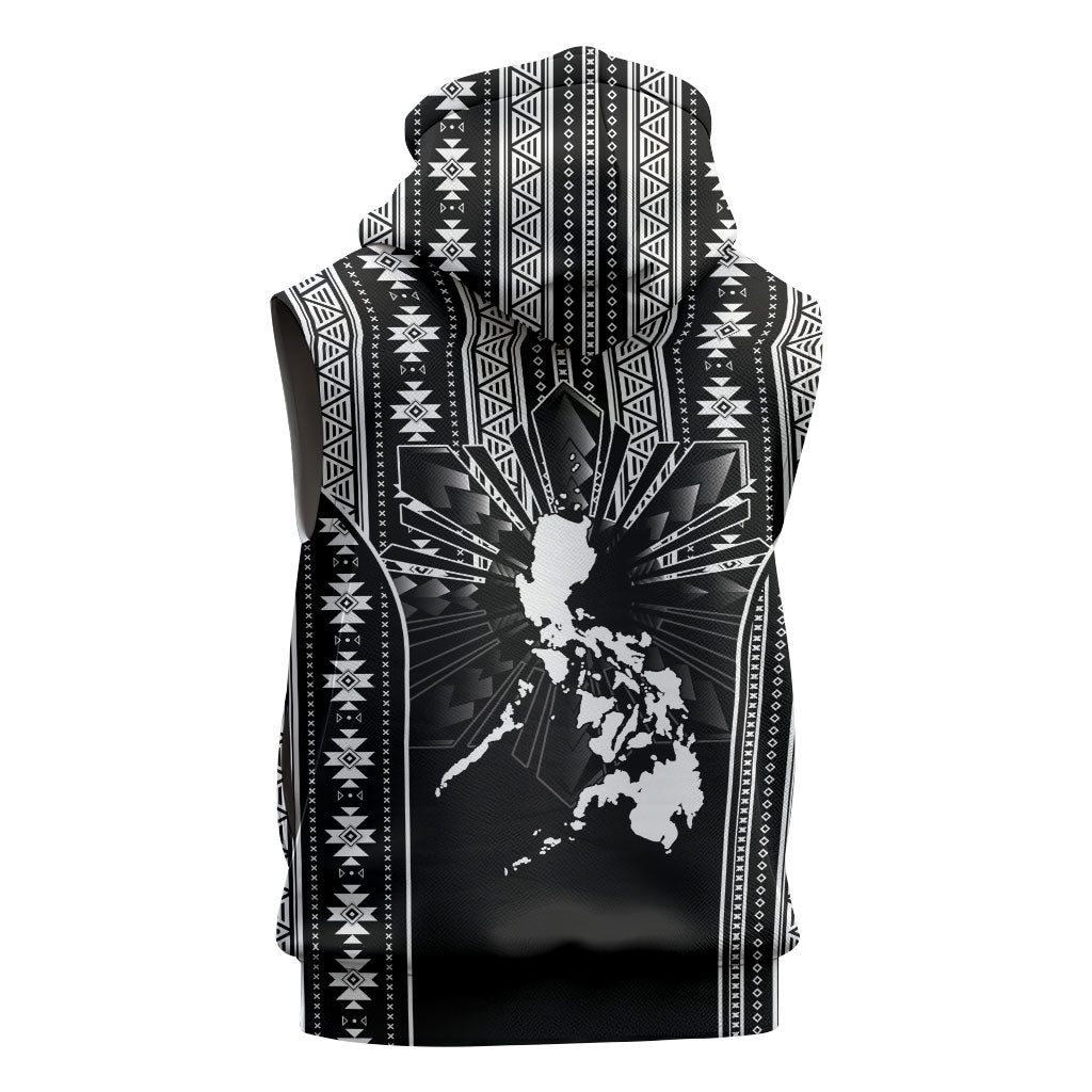 Mabuhay Philippines Festival Sleeveless Zip Hoodie Filipino Map Black White Igorot Pattern