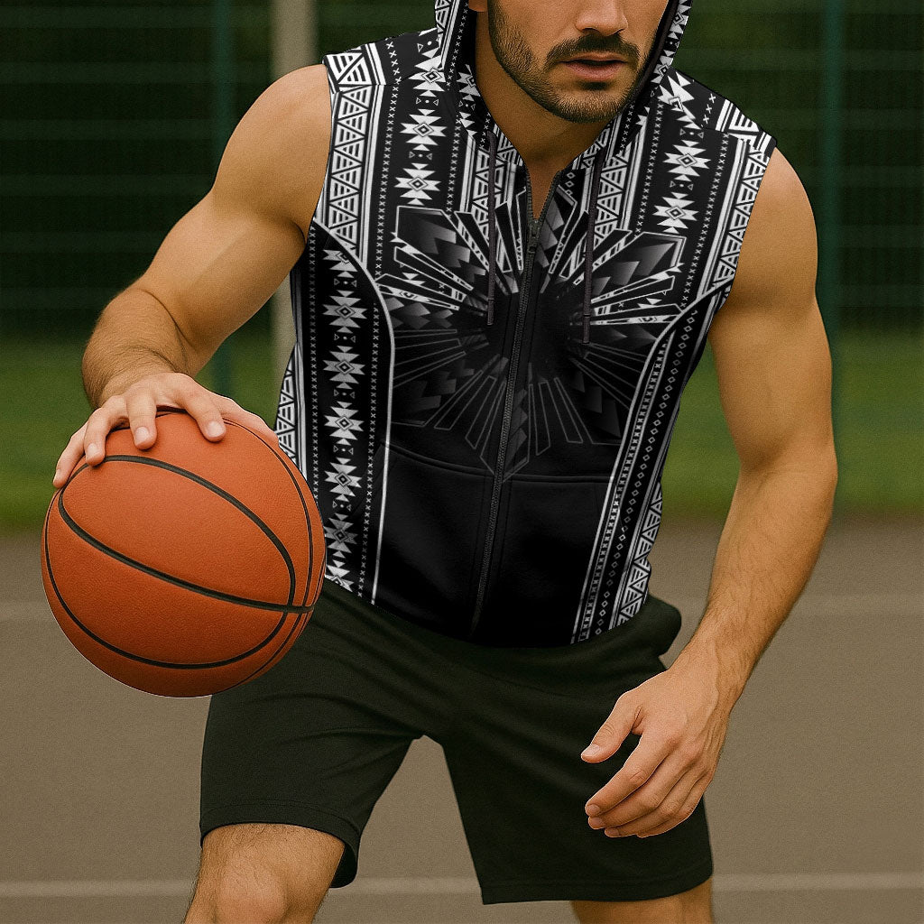 Mabuhay Philippines Festival Sleeveless Zip Hoodie Filipino Map Black White Igorot Pattern