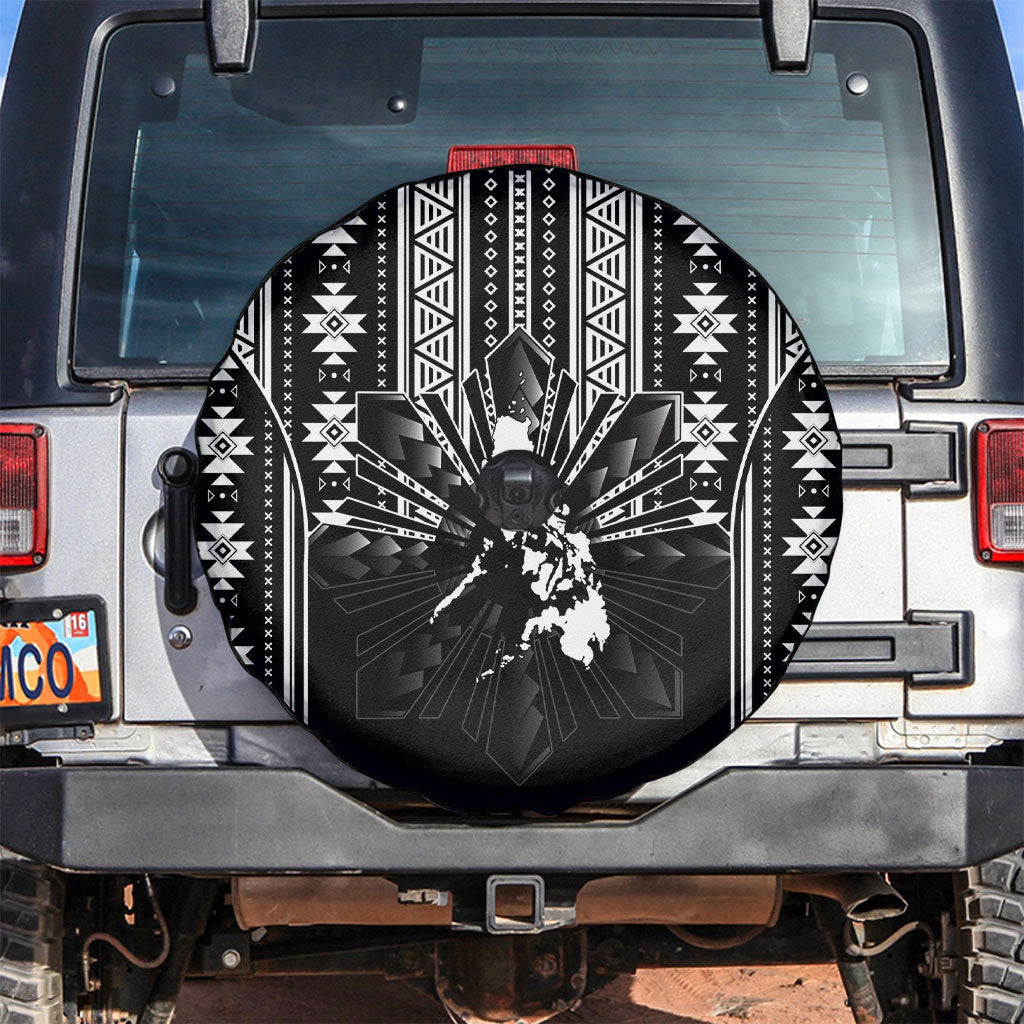Mabuhay Philippines Festival Spare Tire Cover Filipino Map Black White Igorot Pattern