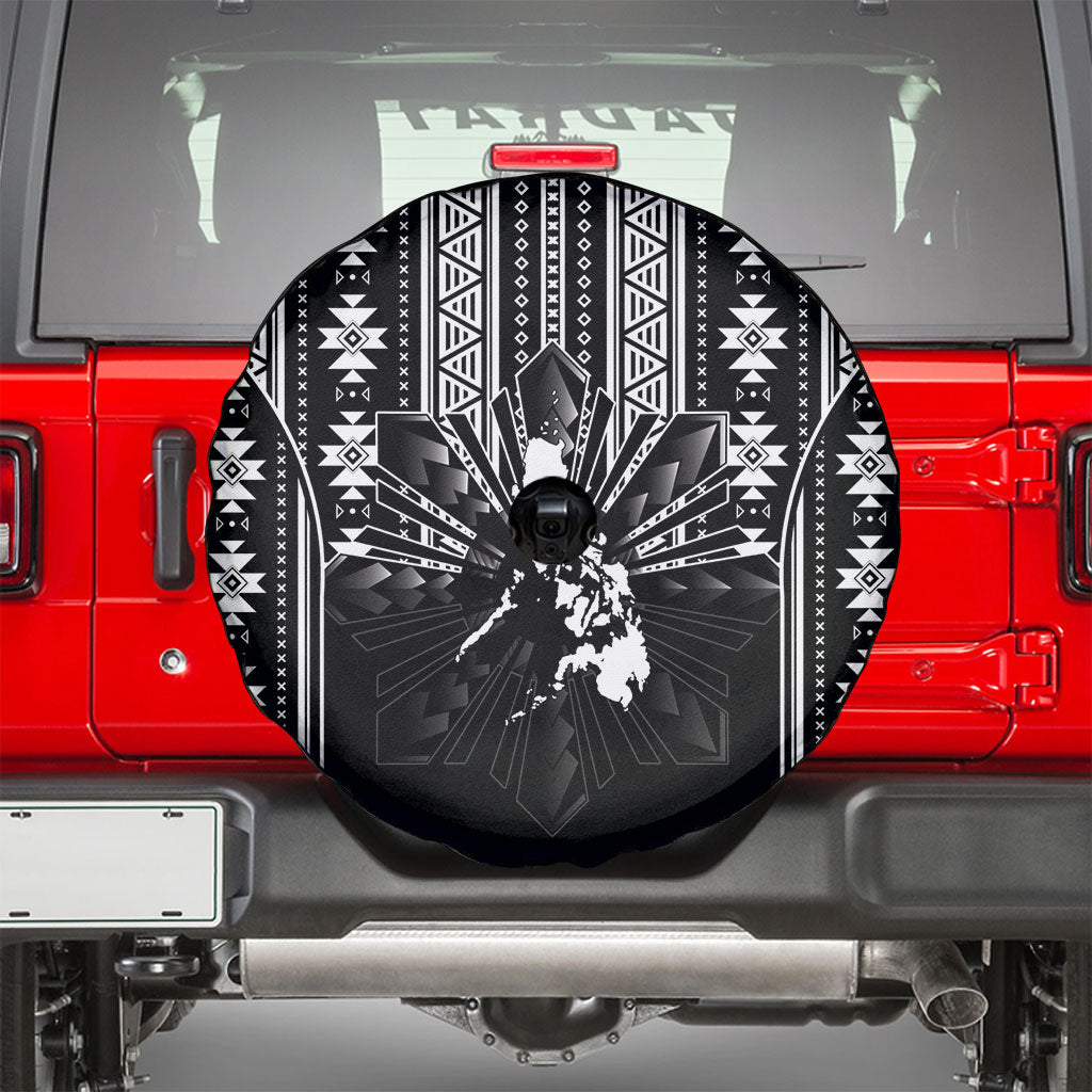 Mabuhay Philippines Festival Spare Tire Cover Filipino Map Black White Igorot Pattern