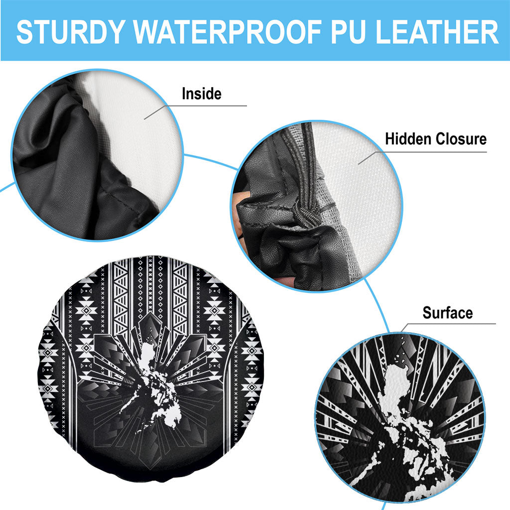 Mabuhay Philippines Festival Spare Tire Cover Filipino Map Black White Igorot Pattern
