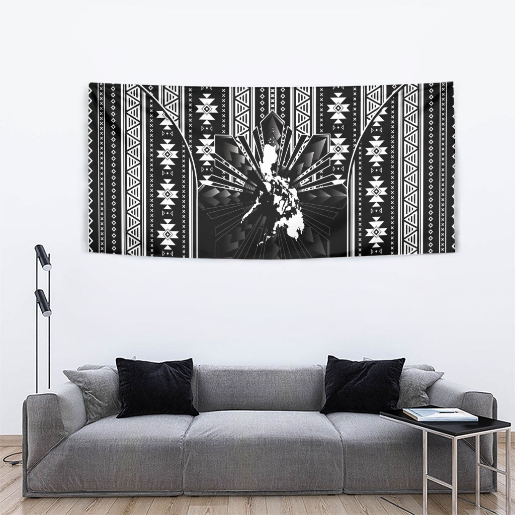 Mabuhay Philippines Festival Tapestry Filipino Map Black White Igorot Pattern