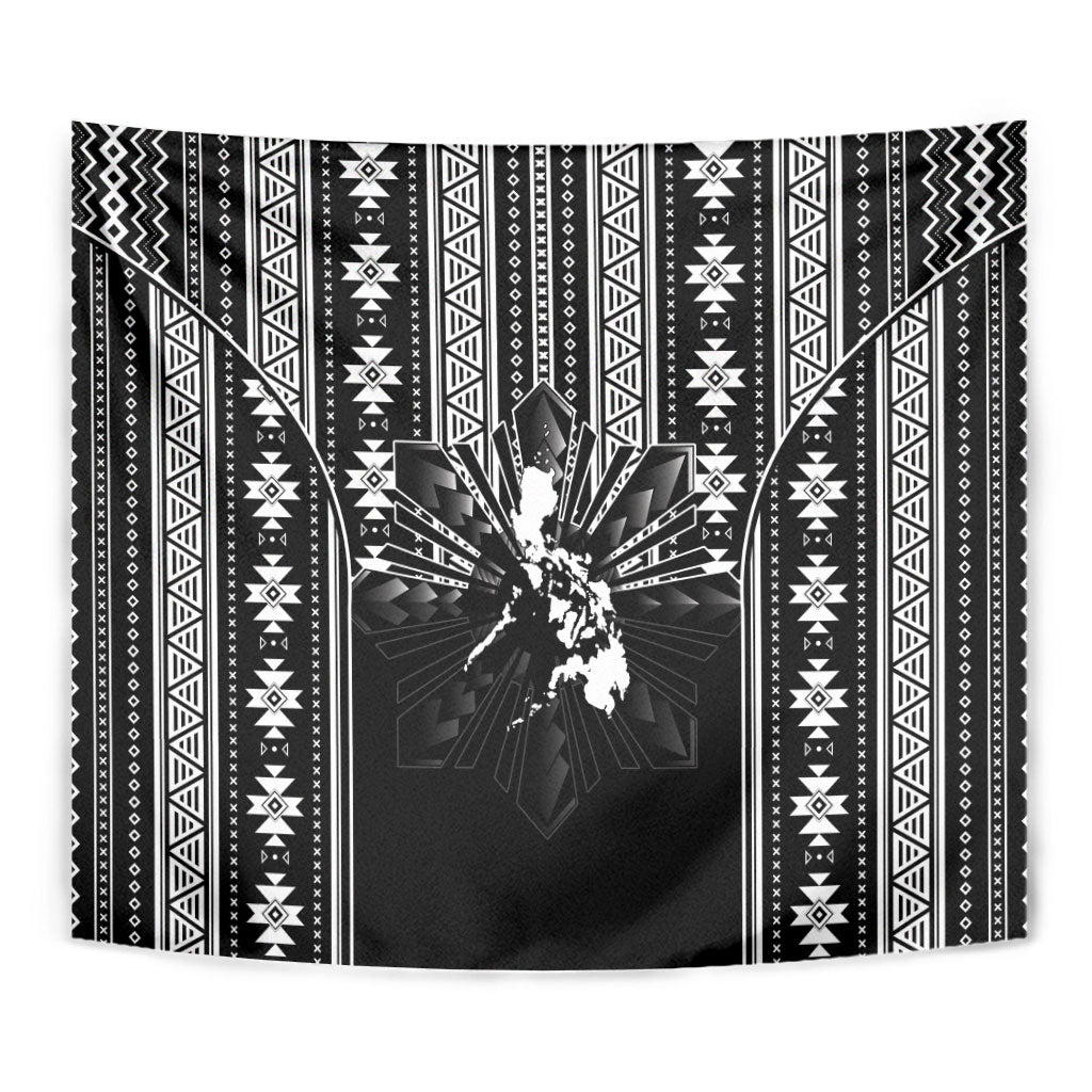 Mabuhay Philippines Festival Tapestry Filipino Map Black White Igorot Pattern
