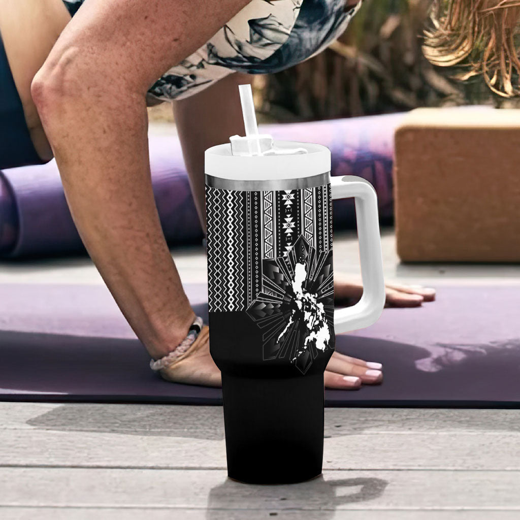 Mabuhay Philippines Festival Tumbler With Handle Filipino Map Black White Igorot Pattern