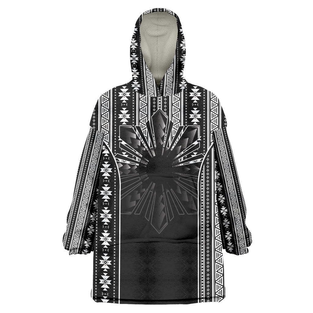 Mabuhay Philippines Festival Wearable Blanket Hoodie Filipino Map Black White Igorot Pattern