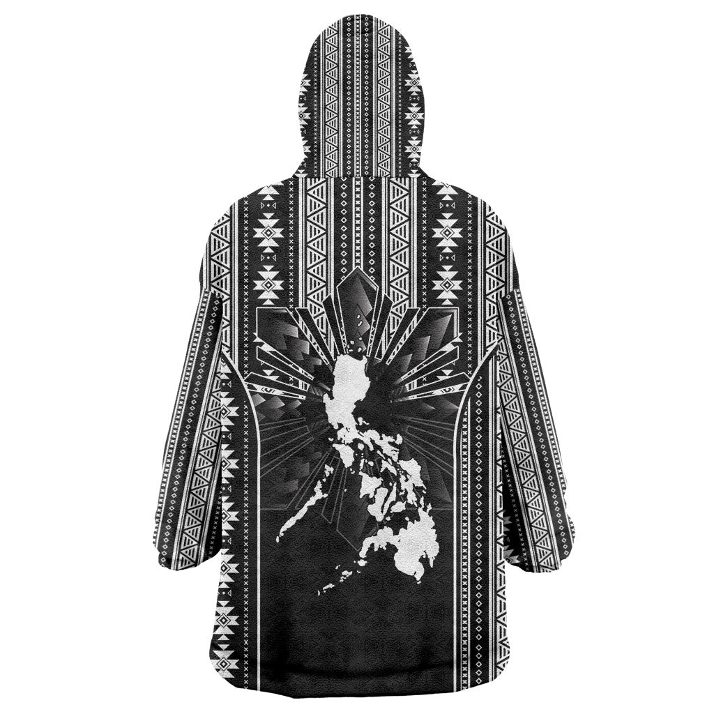 Mabuhay Philippines Festival Wearable Blanket Hoodie Filipino Map Black White Igorot Pattern