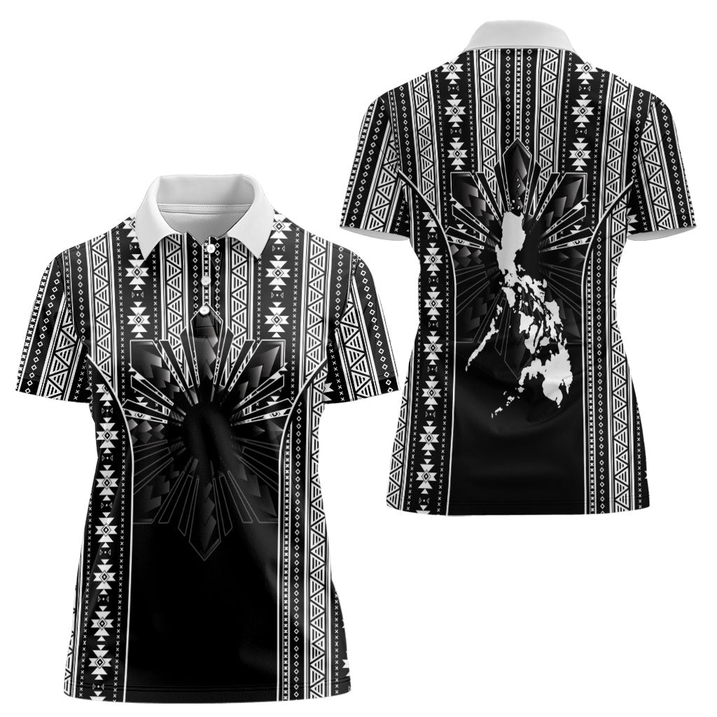 Mabuhay Philippines Festival Women Polo Shirt Filipino Map Black White Igorot Pattern