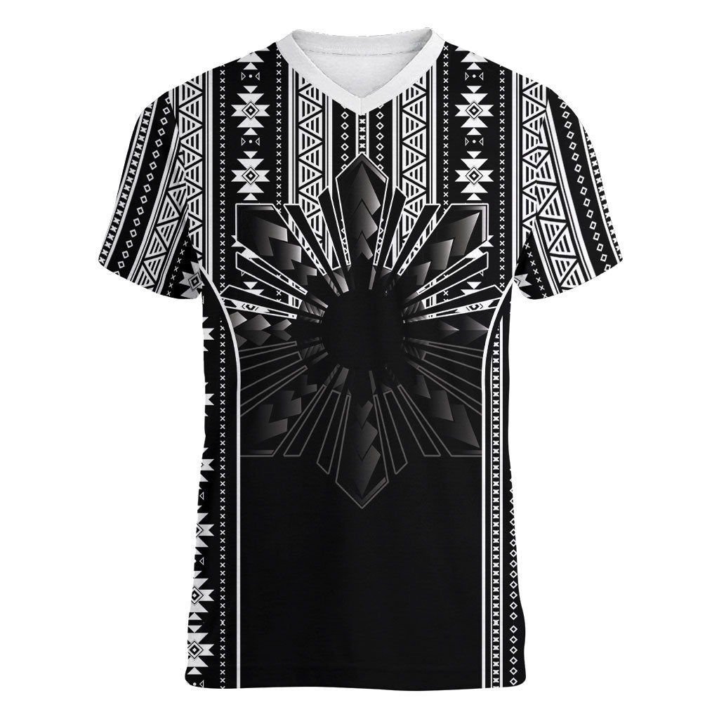 Mabuhay Philippines Festival Women V-Neck T-Shirt Filipino Map Black White Igorot Pattern