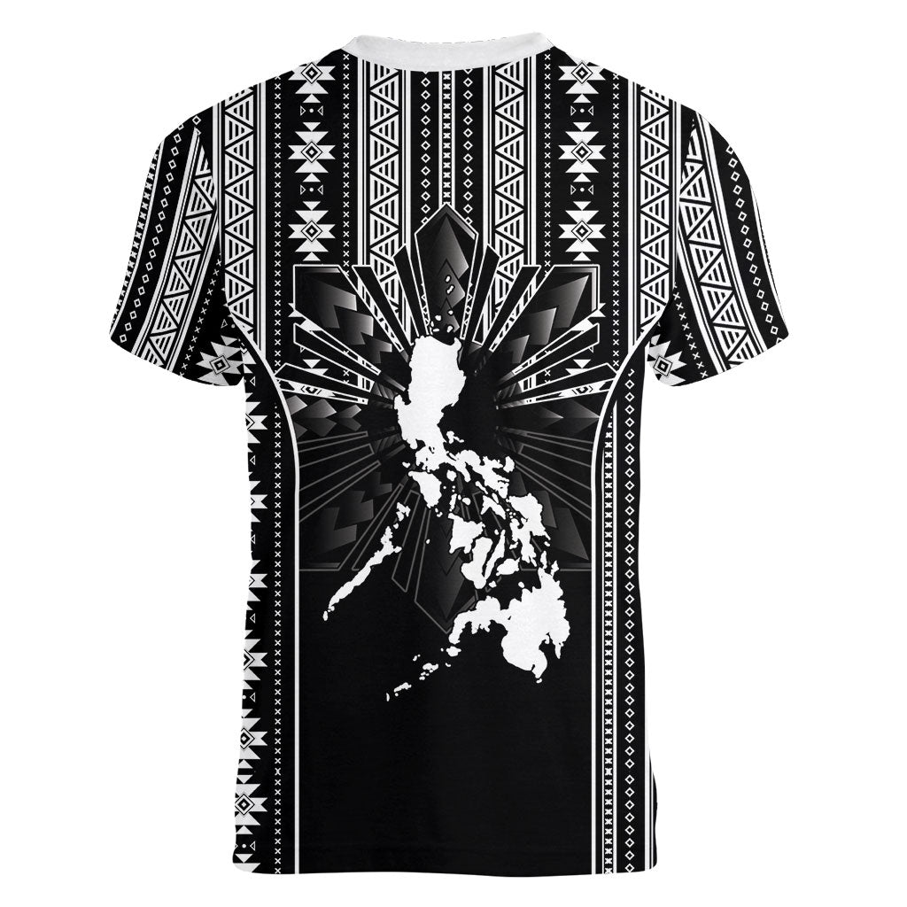 Mabuhay Philippines Festival Women V-Neck T-Shirt Filipino Map Black White Igorot Pattern