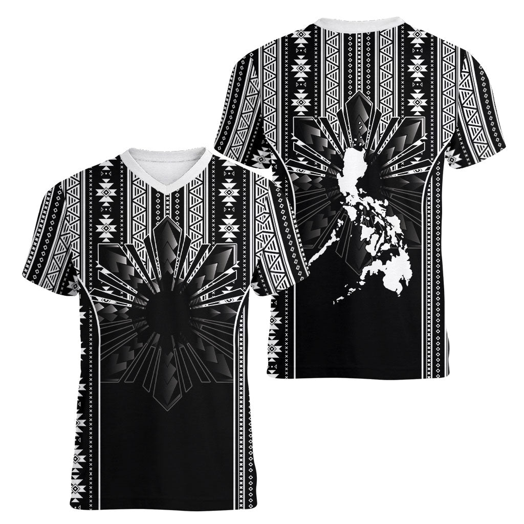 Mabuhay Philippines Festival Women V-Neck T-Shirt Filipino Map Black White Igorot Pattern