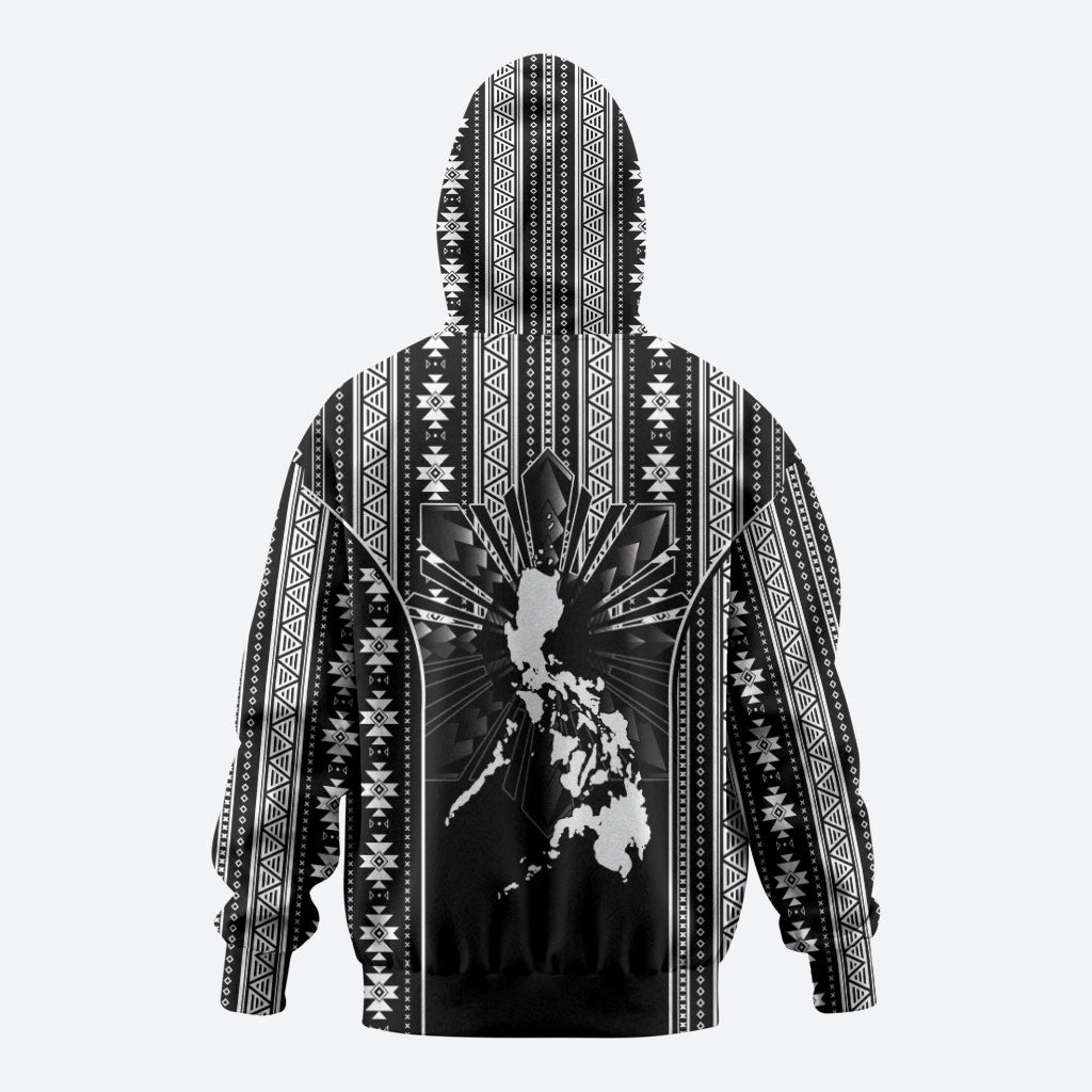 Mabuhay Philippines Festival Zip Hoodie Filipino Map Black White Igorot Pattern