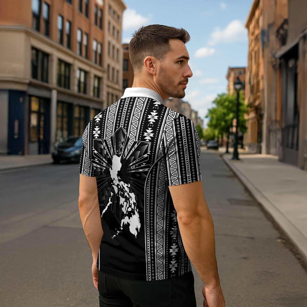 Mabuhay Philippines Festival Zipper Polo Shirt Filipino Map Black White Igorot Pattern
