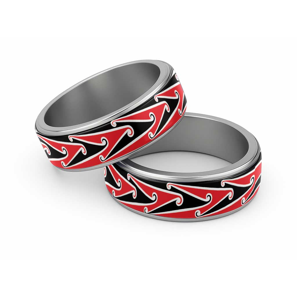 New Zealand Puhoro Kowhaiwhai Motif Classic Ring LT14 Sliver Red - Polynesian Pride