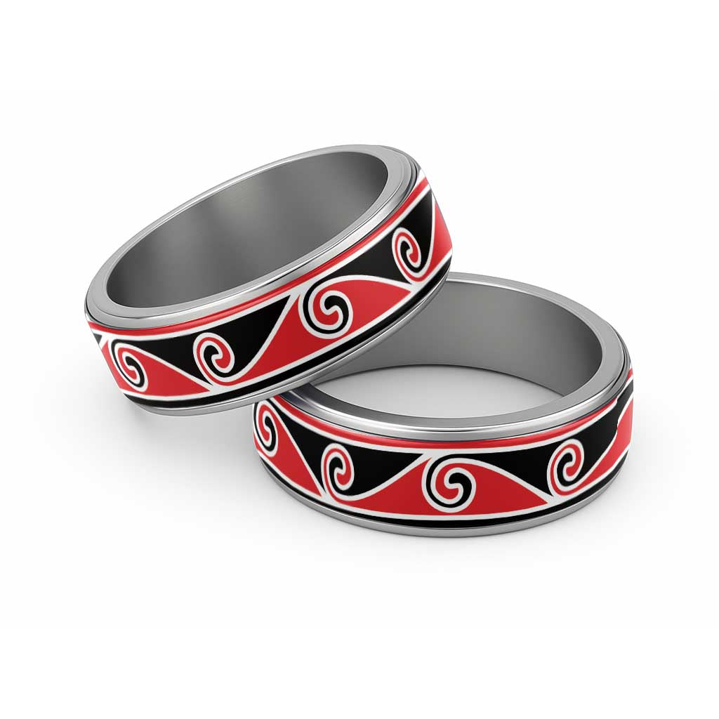 New Zealand Koru Kowhaiwhai Motif Classic Ring LT14 Sliver Red - Polynesian Pride
