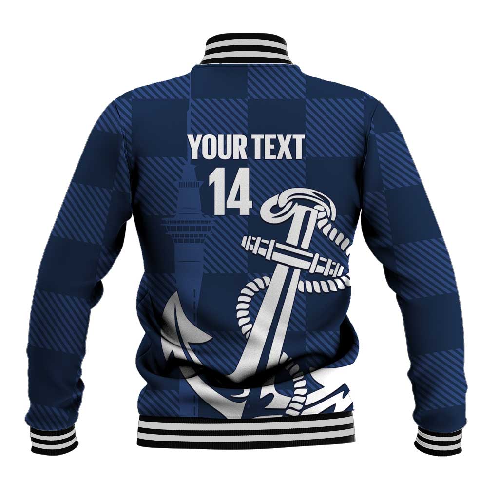 New Zealand Auckland Football Custom Baseball Jacket Navy Blue City Anchor Sky Tower Symbol - Polynesian Pride