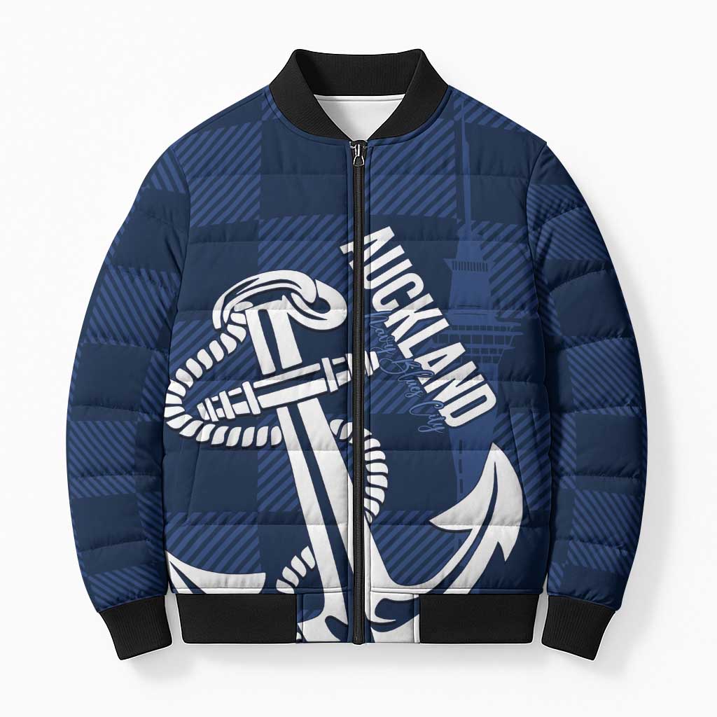 New Zealand Auckland Football Custom Bomber Puffer Jacket Navy Blue City Anchor Sky Tower Symbol - Polynesian Pride