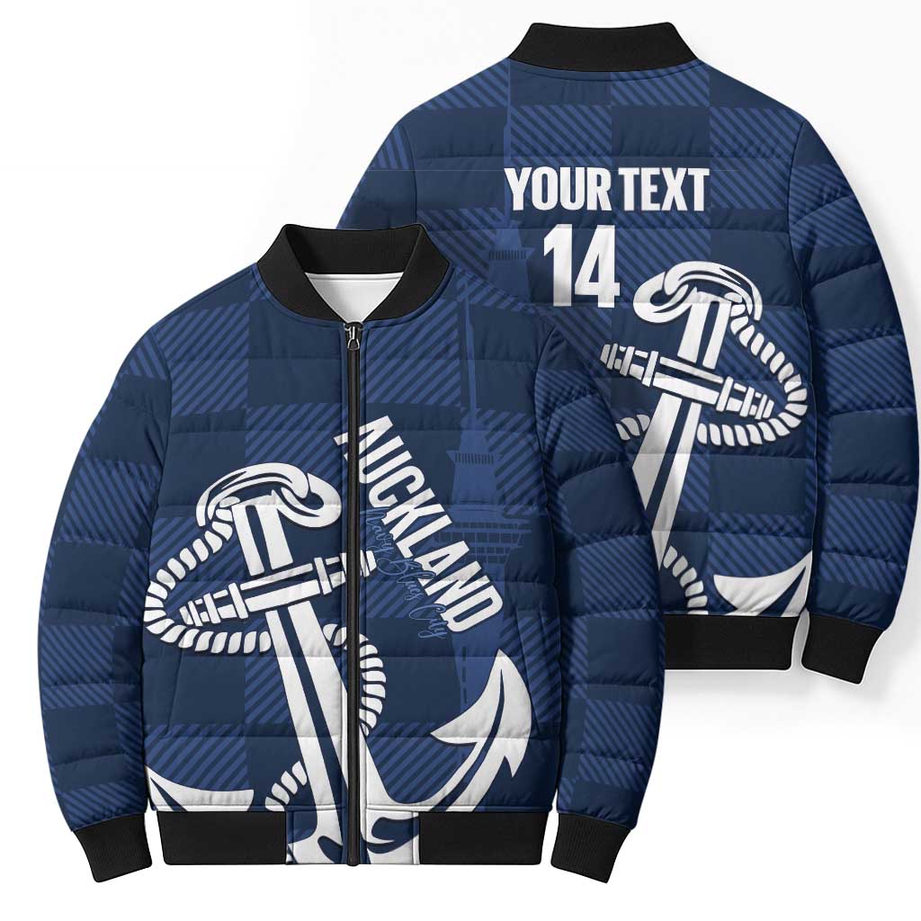 New Zealand Auckland Football Custom Bomber Puffer Jacket Navy Blue City Anchor Sky Tower Symbol - Polynesian Pride