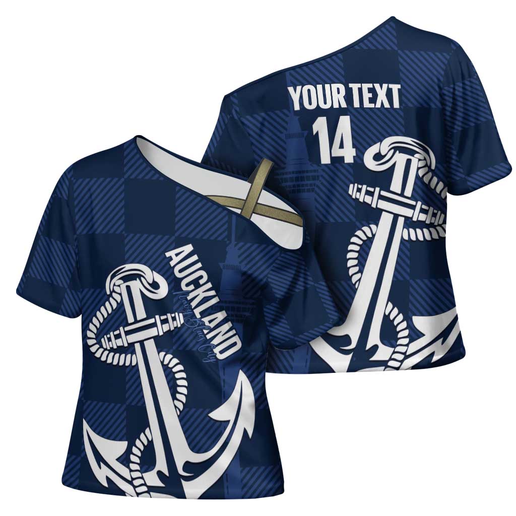 New Zealand Auckland Football Custom Cross Shoulder Shirt Navy Blue City Anchor Sky Tower Symbol - Polynesian Pride
