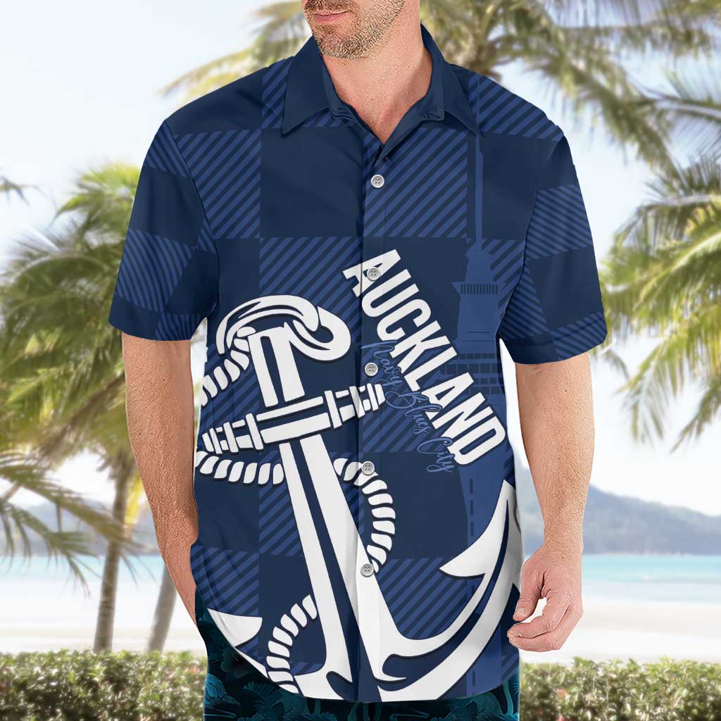 New Zealand Auckland Football Custom Hawaiian Shirt Navy Blue City Anchor Sky Tower Symbol - Polynesian Pride