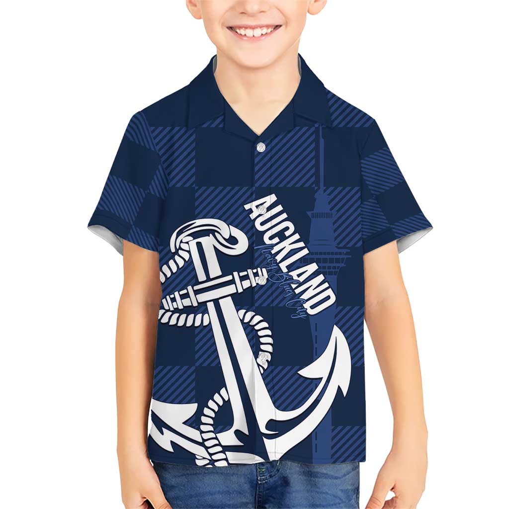 New Zealand Auckland Football Custom Kid Hawaiian Shirt Navy Blue City Anchor Sky Tower Symbol - Polynesian Pride