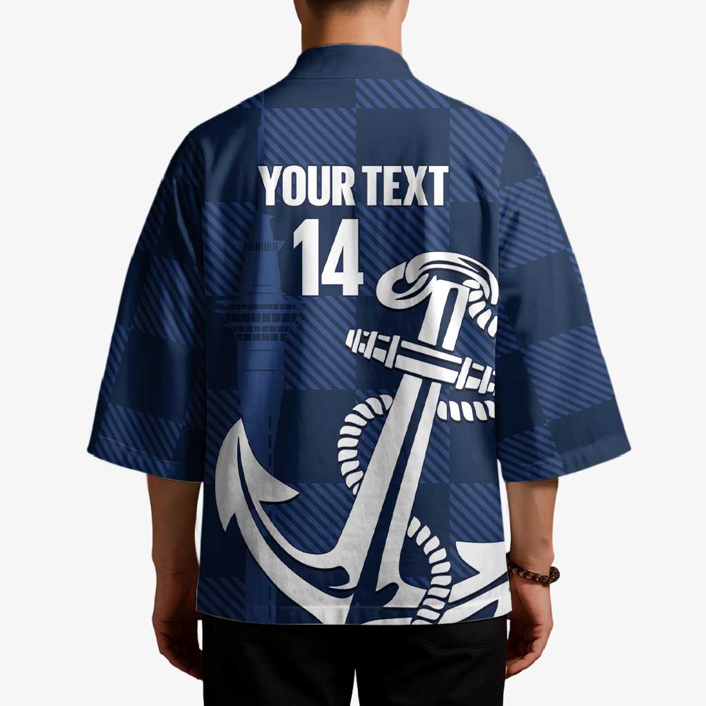 New Zealand Auckland Football Custom Kimono Navy Blue City Anchor Sky Tower Symbol - Polynesian Pride